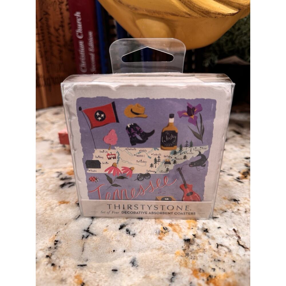 Thirstystone Set Of 4 Coasters Tennessee Tumbled Tile 4”x4” Cork Back